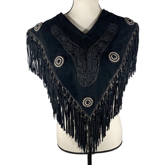 USA Bikers Dream Apparel black suede leather fringed poncho heavily beaded  M/L - Picture 1 of 10